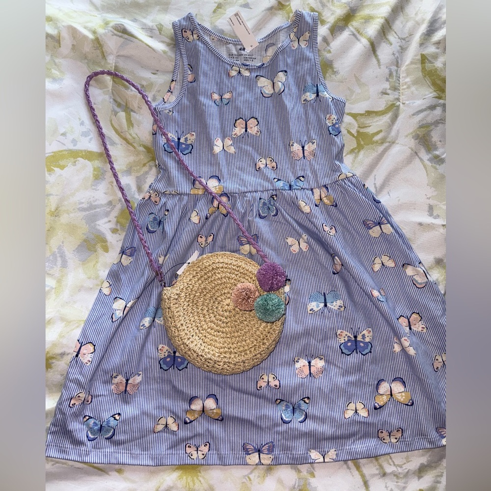New-H&M Soft Blue Stripes Butterflies Sleeveless dress 100% Cotton girls size 6x